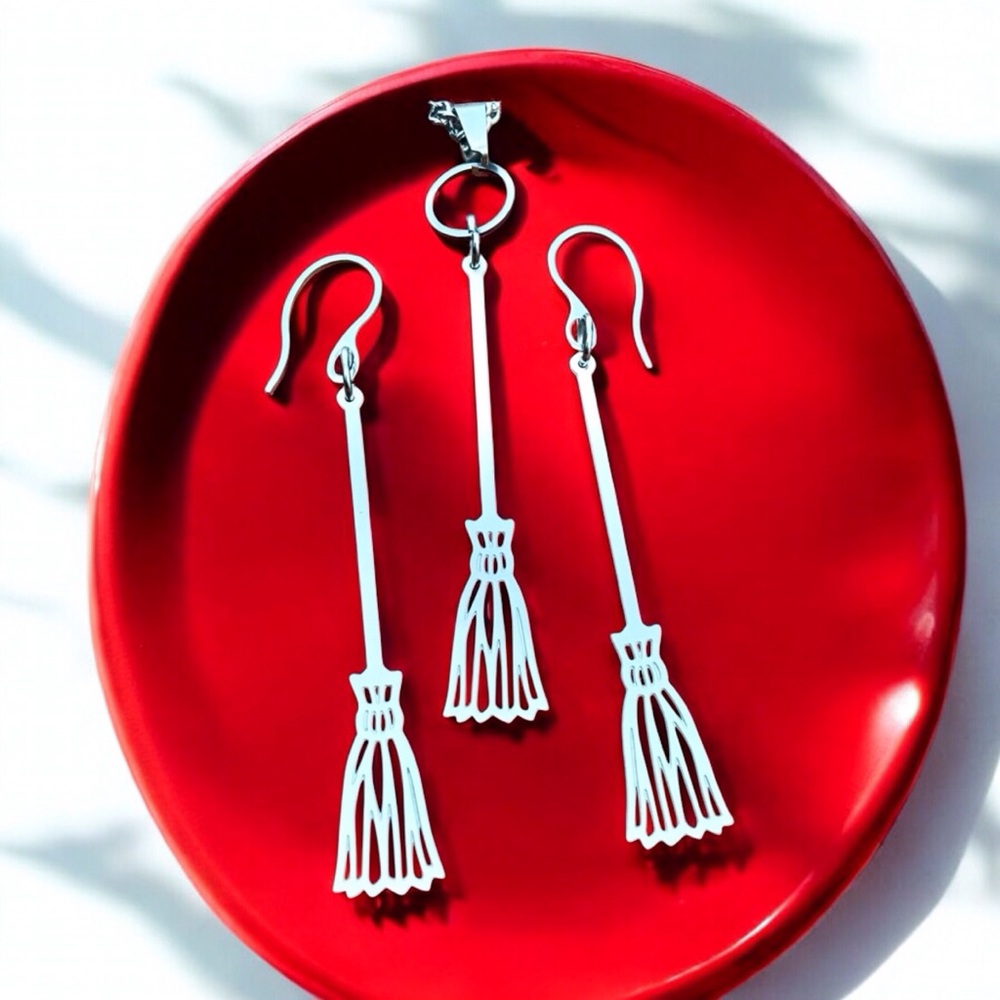 🆕 Witch Broom Laser Etched Necklace and Earrings Set Stainless Steel